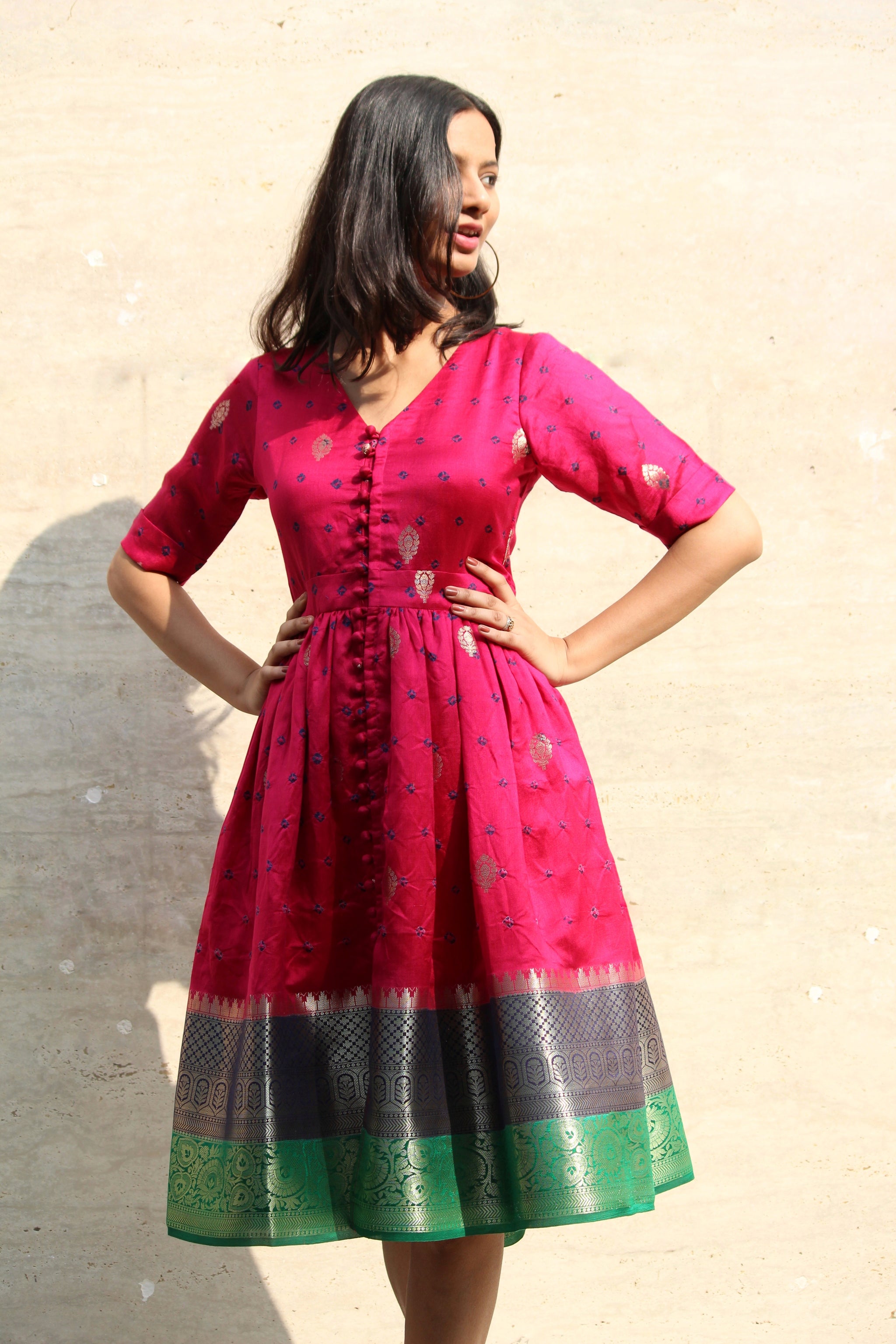 Pink Bandhani Silk Brocade Dress ...